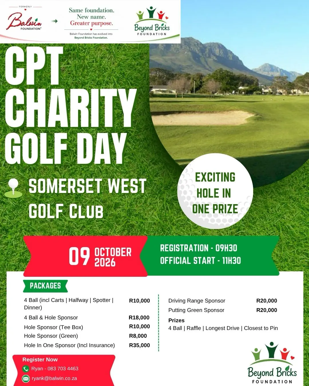 CPT Charity Golf Day flyer: 9 October 2026, Somerset West Golf Club